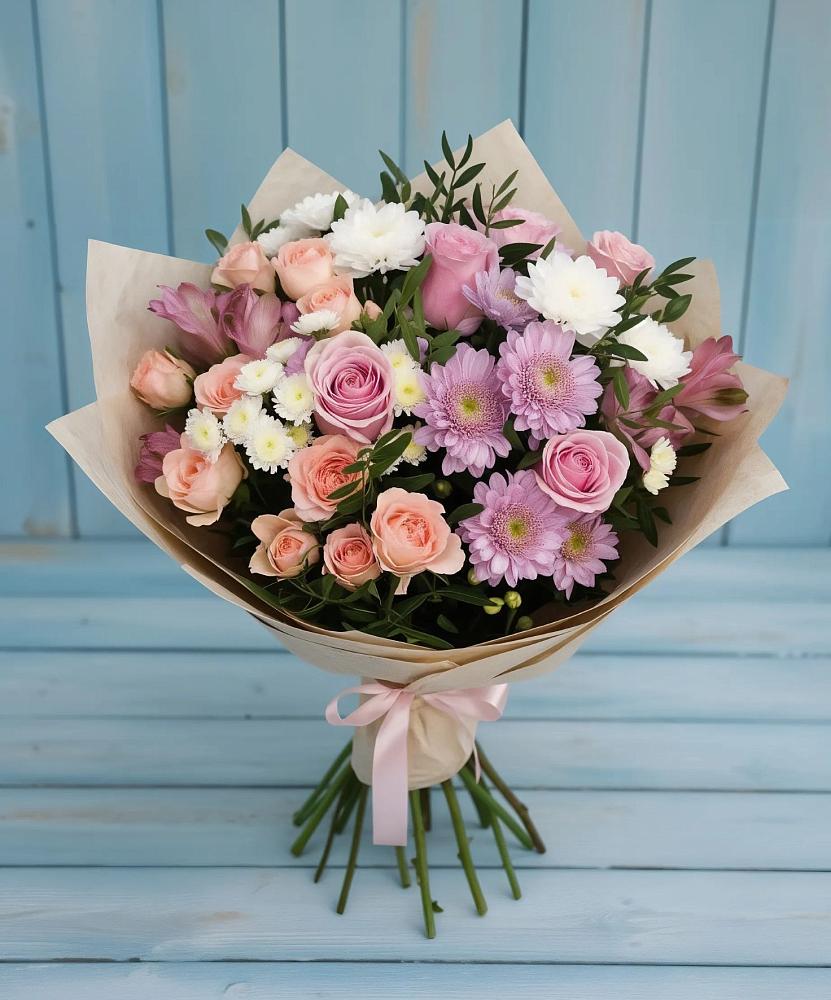 Букет цветов из: Хризантемы, Розы и Альстромерии в Темпы