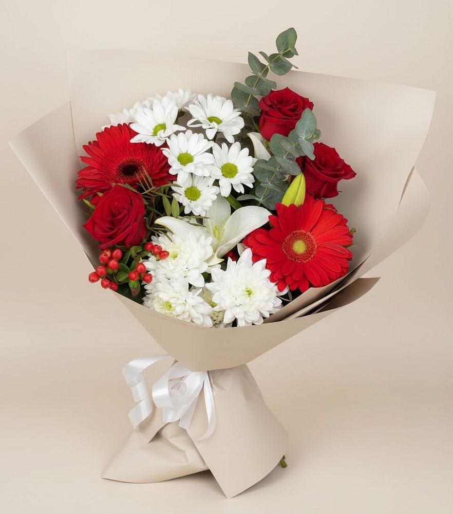 Букет цветов из: Розы, Хризантемы, Герберы и Лилии в Темпы