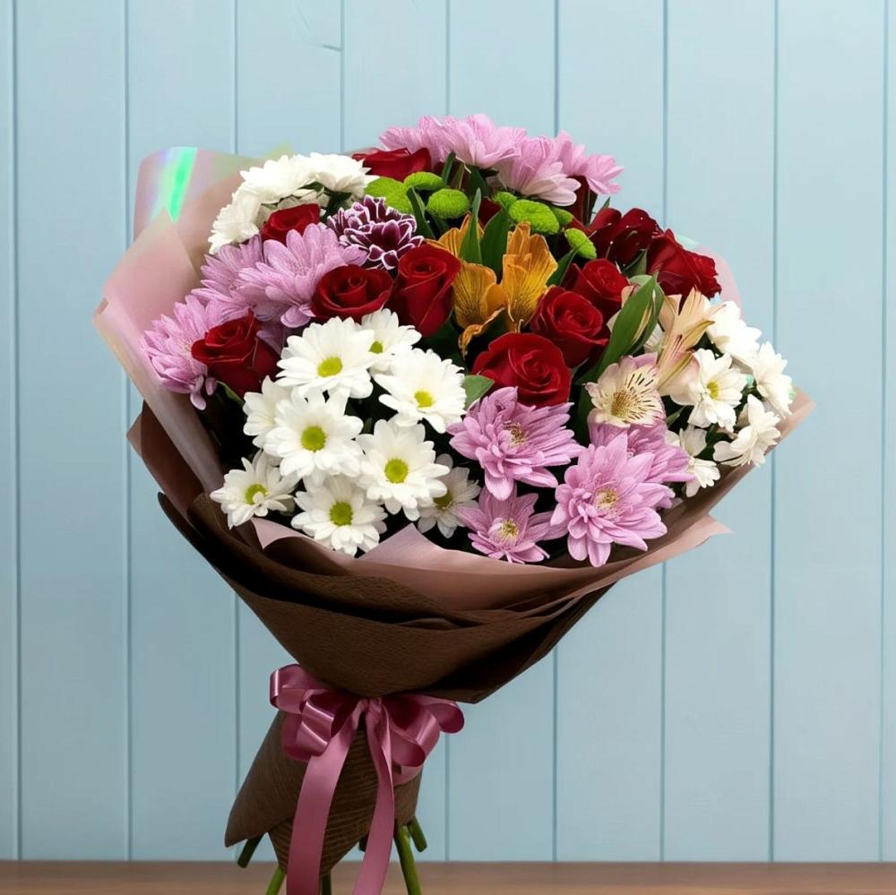 Букет цветов из: Розы, Хризантемы и Альстромерии в Темпы
