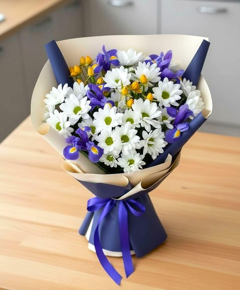 Букет цветов из: Розы, Ирисы и Хризантемы в Темпы